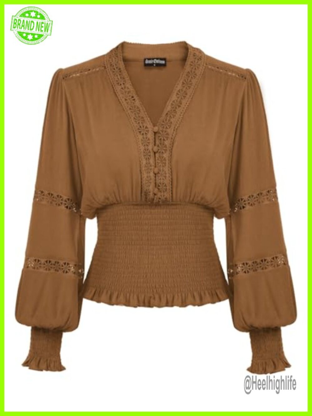 Renaissance Peasant Top Womens Lace V Neck Lantern Sleeve Smocked Blouse